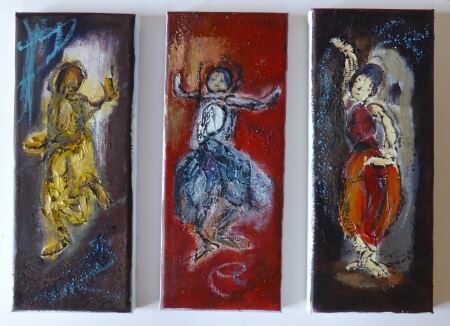 Drei Figuren in Bewegung, gemalt als Symbol für Körperorientierte Psychotherapie